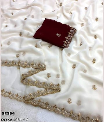 Sitanjali Chiffon Embellished Saree With Unstitched Blouse Piece ( White )