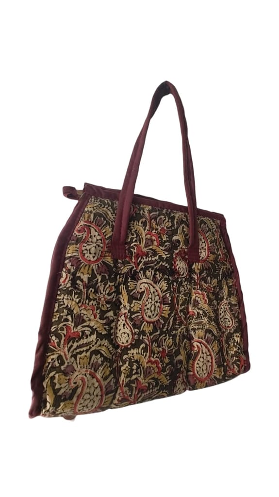 KALANKARI Handcrafted Quilted Cotton Tote Bag with Paisley Print and Maroon Trim
