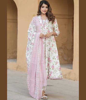 VASTRANARI Women Cotton Printed Anarkali Kurti With Pants ( Pink )