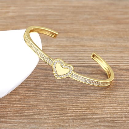 Copper Cubic Zirconia Heart Gold Openable Bangle Cuff For Women-GOLD