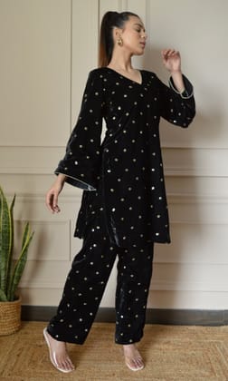Black Velvet Co-ord Set with Gold Sequin Embroidery and Bell Sleeves-XXS