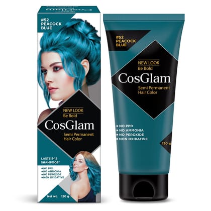 COSGLAM Semi Permanent Hair Color, No Peroxide, Non Oxidative, Ammonia Free Hair Colour 52 Peacock Blue - 120gm COSGLAM Semi Permanent Hair Color, No Peroxide, Non Oxidative, Ammonia Free Hair Colour 52 Peacock Blue - 120gm