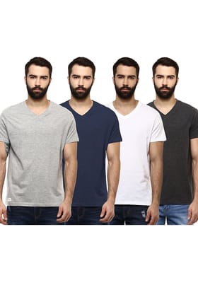 Men's V Neck Half Sleeves Pack of 4 T-Shirts - Navy Melange, Charcoal Melange, White & Grey Melange-5XL / Navy Melange, Charcoal Melange, White & Grey Melange