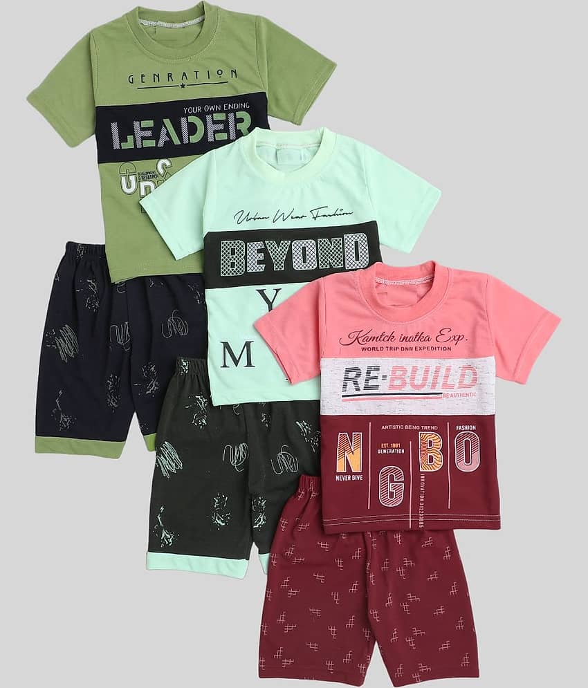 Fourfolds Pack of 3 Boys Cotton T-Shirt & Shorts Set ( Green )