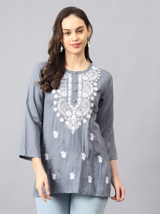The Chikankari Story: Chikankari Machine Embroidery Short Kurta, Kurti, and Tunic Collection in Cotton Rayon Fabric-XS / Grey