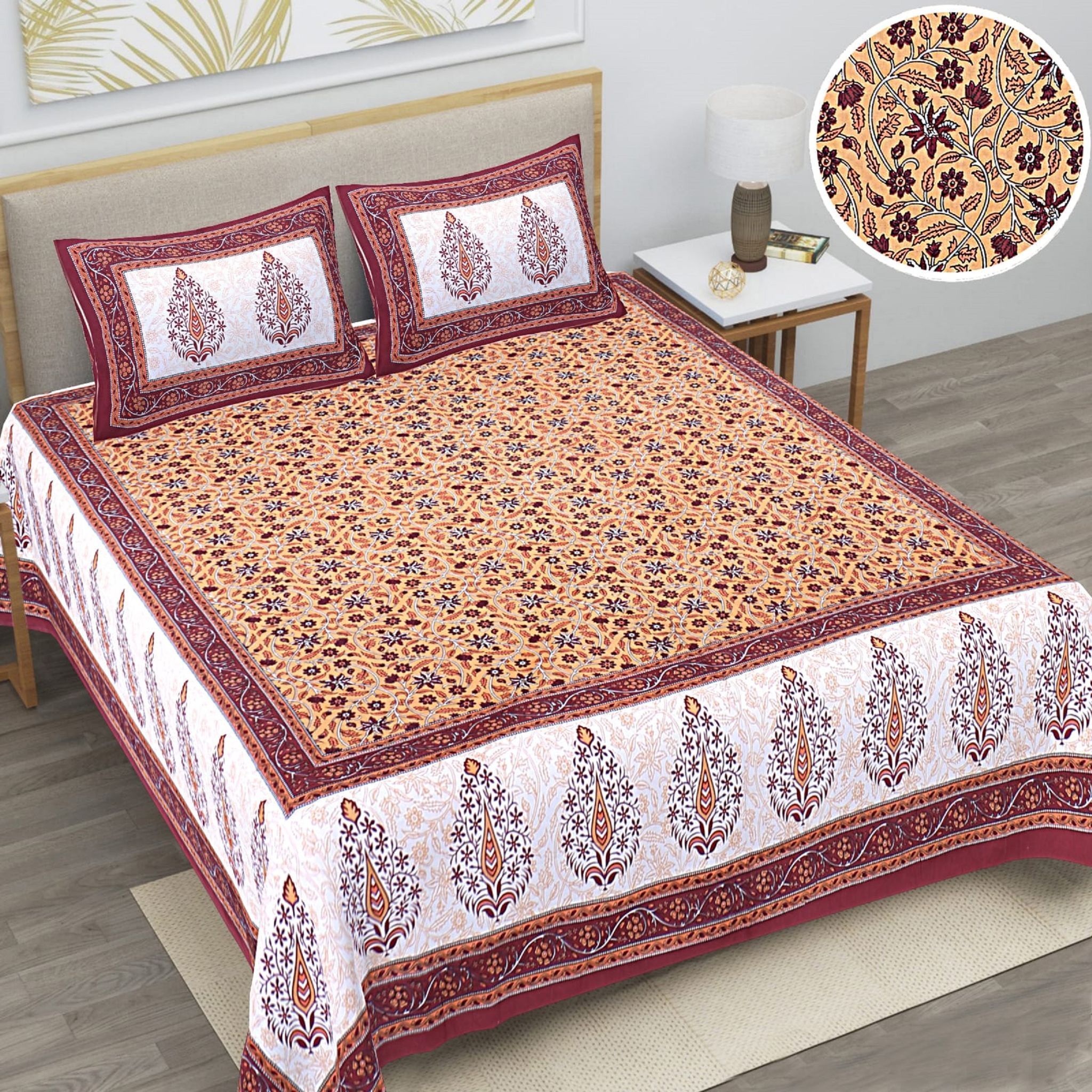 3001-Hometrade India-Standard King Size (90*108 Inches)-Pure Cotton Jaipuri Double Bedsheet With Matching Pillow Cover