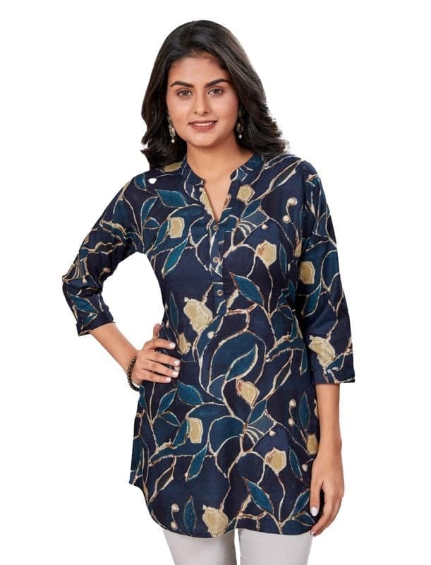 Women's Rayon Mandarin Collar 3/4 Sleeves Short Top (NavyBlue, M)-PID56259