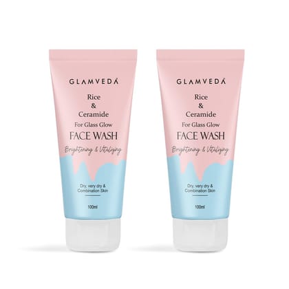 Glamveda Korean Rice Face Wash With Rice & Ceramide Glass Skin (Pack of 2,100ml) | Face Cleanser for Women | Hydrated & Even Skin Tone | Glowing & Brightening | For Men & Women Glamveda Korean Rice Face Wash With Rice & Ceramide Glass Skin (Pack of 2,100