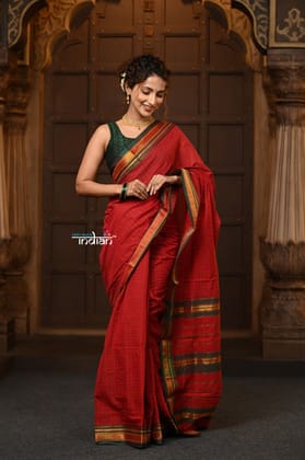 Parampara ~ Pure Cotton Saree in Regal Red with Zari Border & Pallu