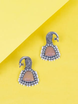 Oxidised Enameled Beaded Peacock Statement Drop Earrings