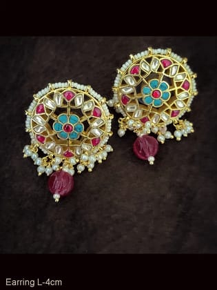 Flower design paachi kundan pirohi work classy studs with coloured drops-Ferozi flower