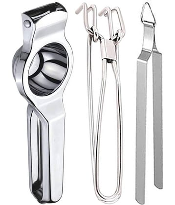 JISUN - Silver Stainless Steel Lemon Squeezer & Pakkad & Roti Chimta ( Set of 3 )