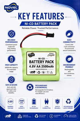 NOVEL 4.8V AA 2500mAh NI-CD Rechargeable Battery SM PIN