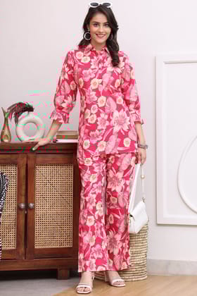 Pink Floral Printed Cotton Co-Ord Set for Women | S-3XL | Claura-S