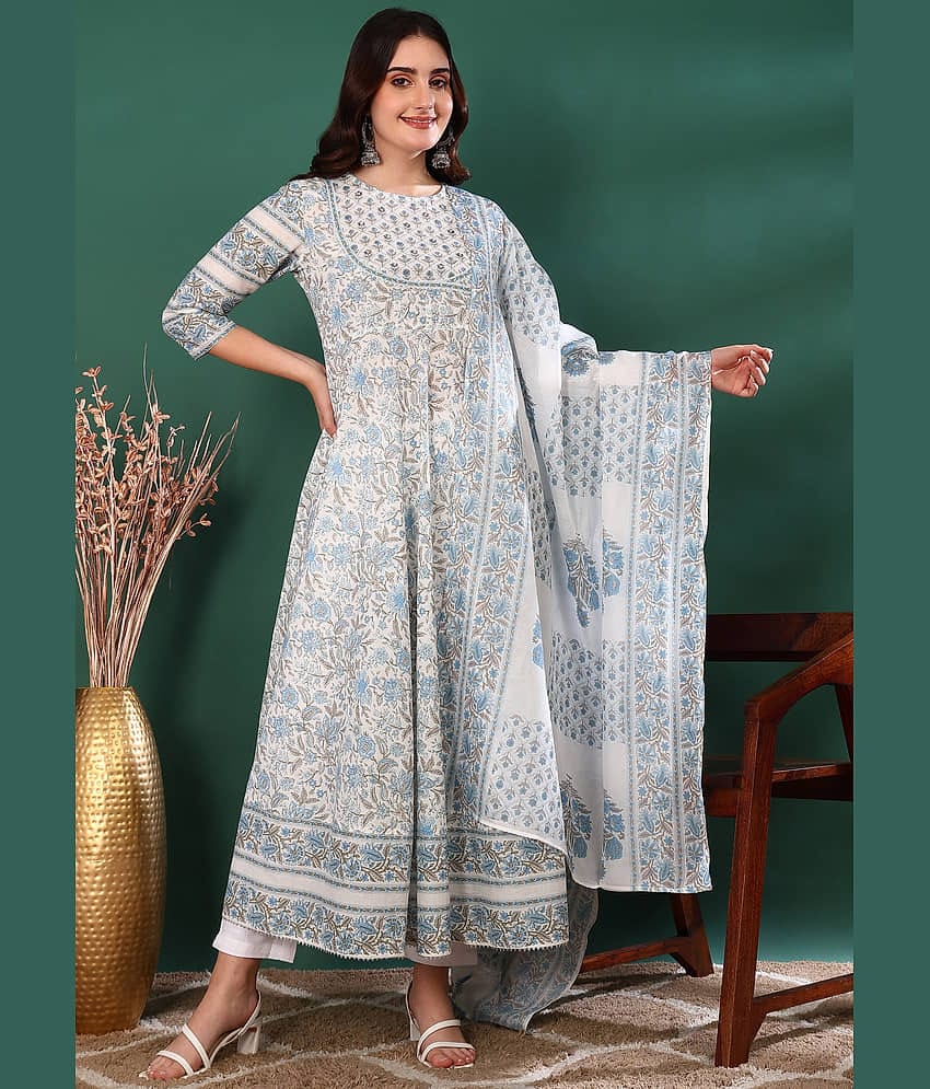 Yash Gallery Women Cotton Printed A-line Kurti with Dupatta ( White )