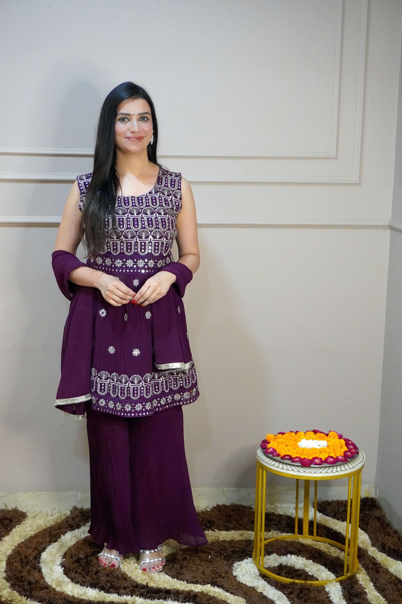 Wine Colour Mirror & Thread Work Kurta with Sharara & Dupatta (Dress have 4 inch of margin both side for alteration as per customer need)-Free Size / Wine