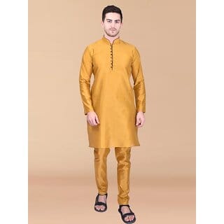 PrintCultr Men Yellow Pure Silk Kurta Pyjama Set
