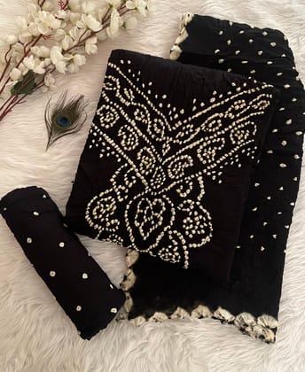 Cotton Satin Barik Bandhej work Black Bandhani Dress Material (Unstitched)-Black