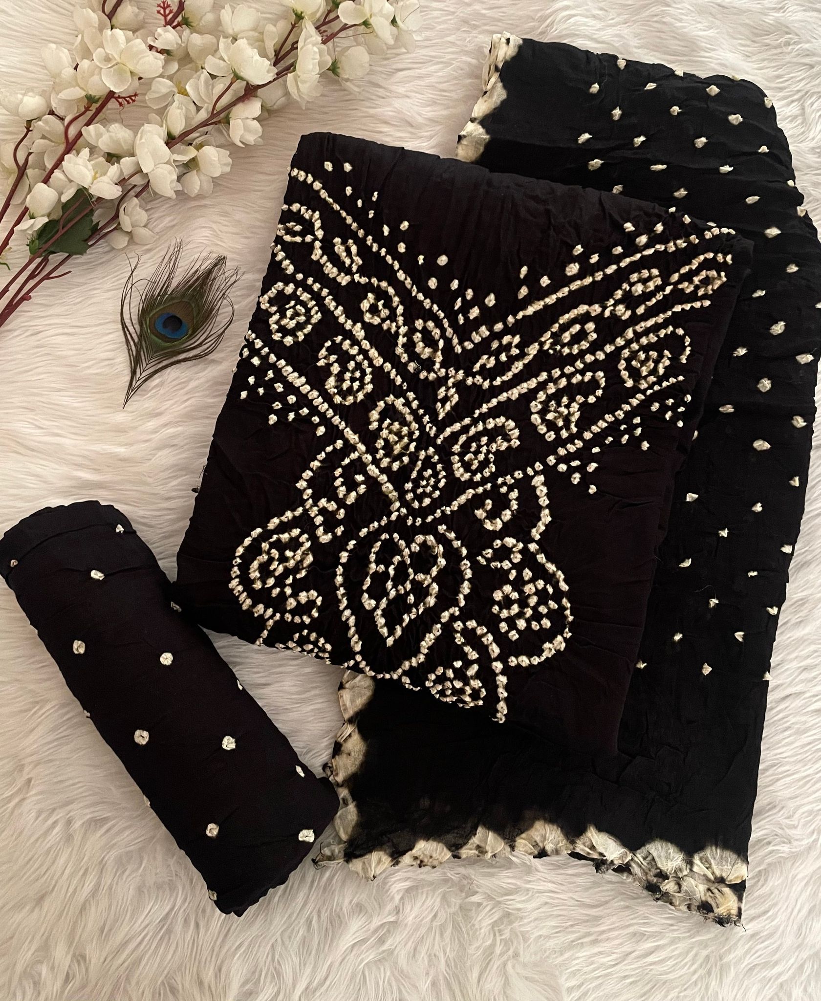 Cotton Satin Barik Bandhej work Black Bandhani Dress Material (Unstitched)-Black