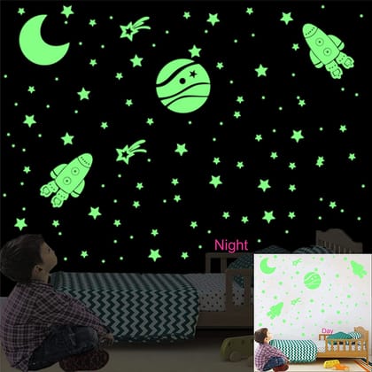 DreamKraft 80 Pieces Glow in The Dark Sticker Set - Rocket, Moon, Earth And Stars