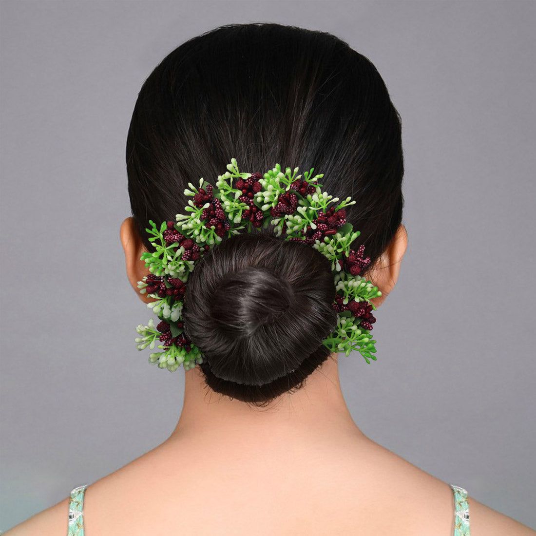 Maroon Color Flower Gajra For Women Hair Pin (HRP221MRN)-Length: 22.00 CM x Width: 4.00 CM / Gold / Alloy