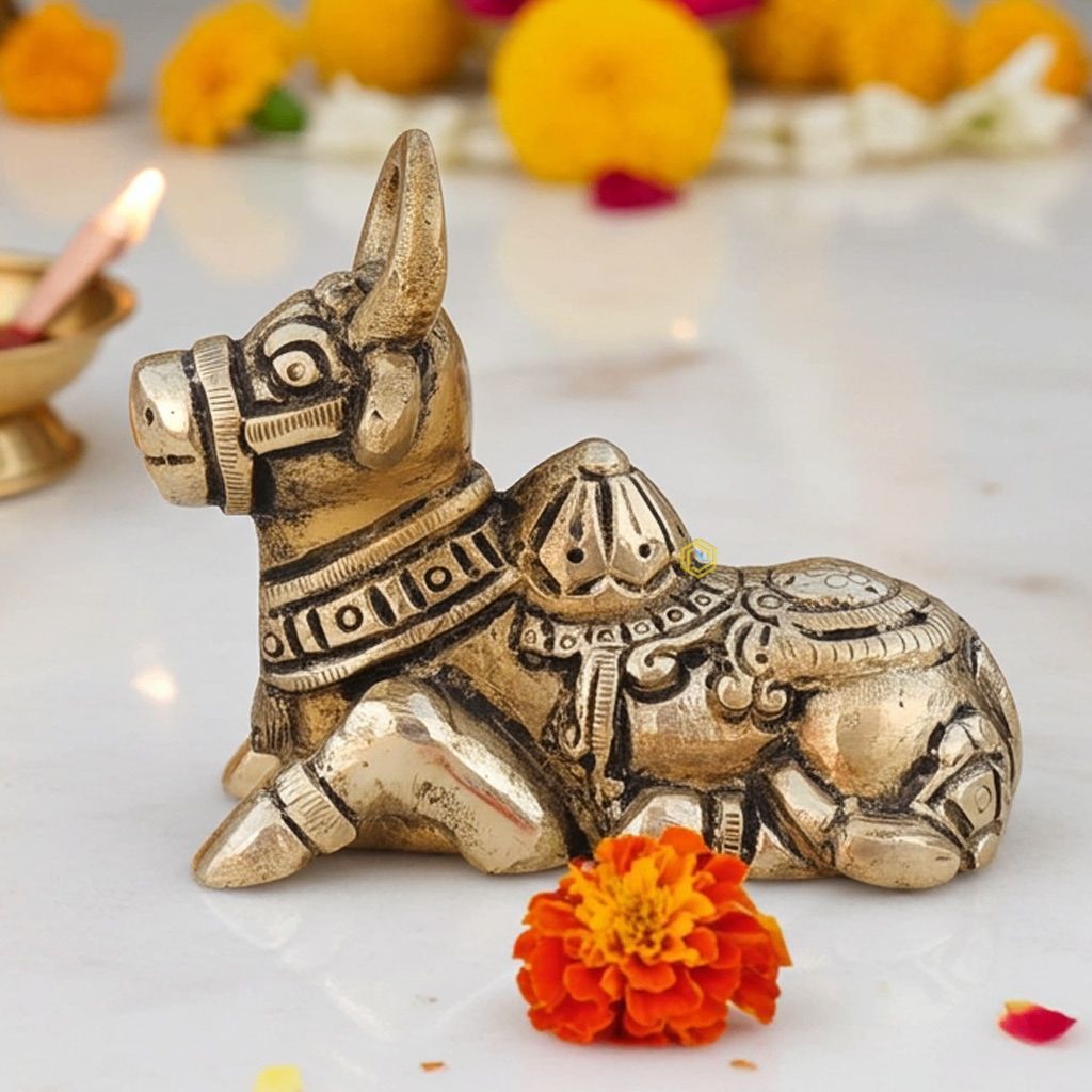 Brass Showpiece Nandi God Idol Statue - Sacred Pooja Decor, Height : 2.6 Inch (BSMAS1530 C)