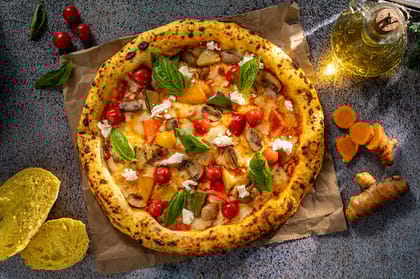 Turmeric Sourdough Mixed Veg With Crumbled Feta Pizza