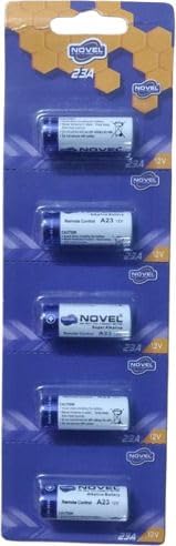 NOVEL A23 12V Alkaline Battery Pack of 5 | Model 23A Batteries for Doorbells, Remote Controls, Wireless Sensors, Security Devices and Electronic Accessories