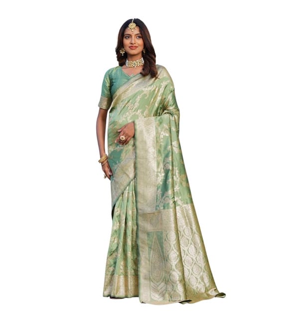 Generic Women's Jacquard Printed Saree with Unstitched Blouse Piece, Soft Lightweight 5.5 m Sari for Daily, Office and Wear (Pista Green, Design 67657)