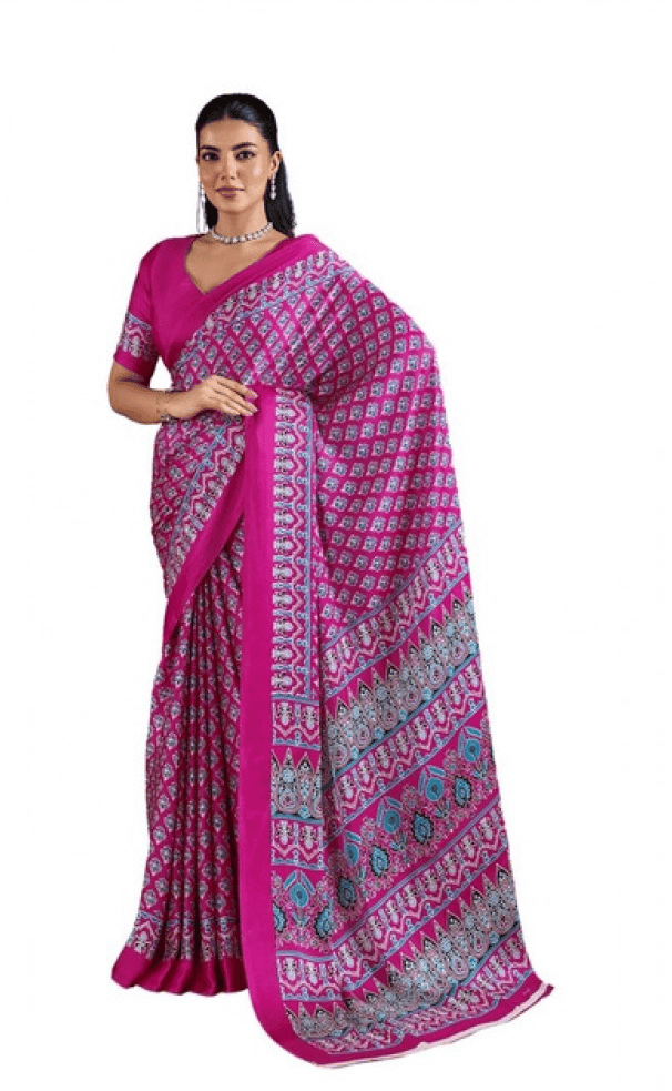 womens satin crepe printed saree with unstitched blouse 5mtr pink pid65067