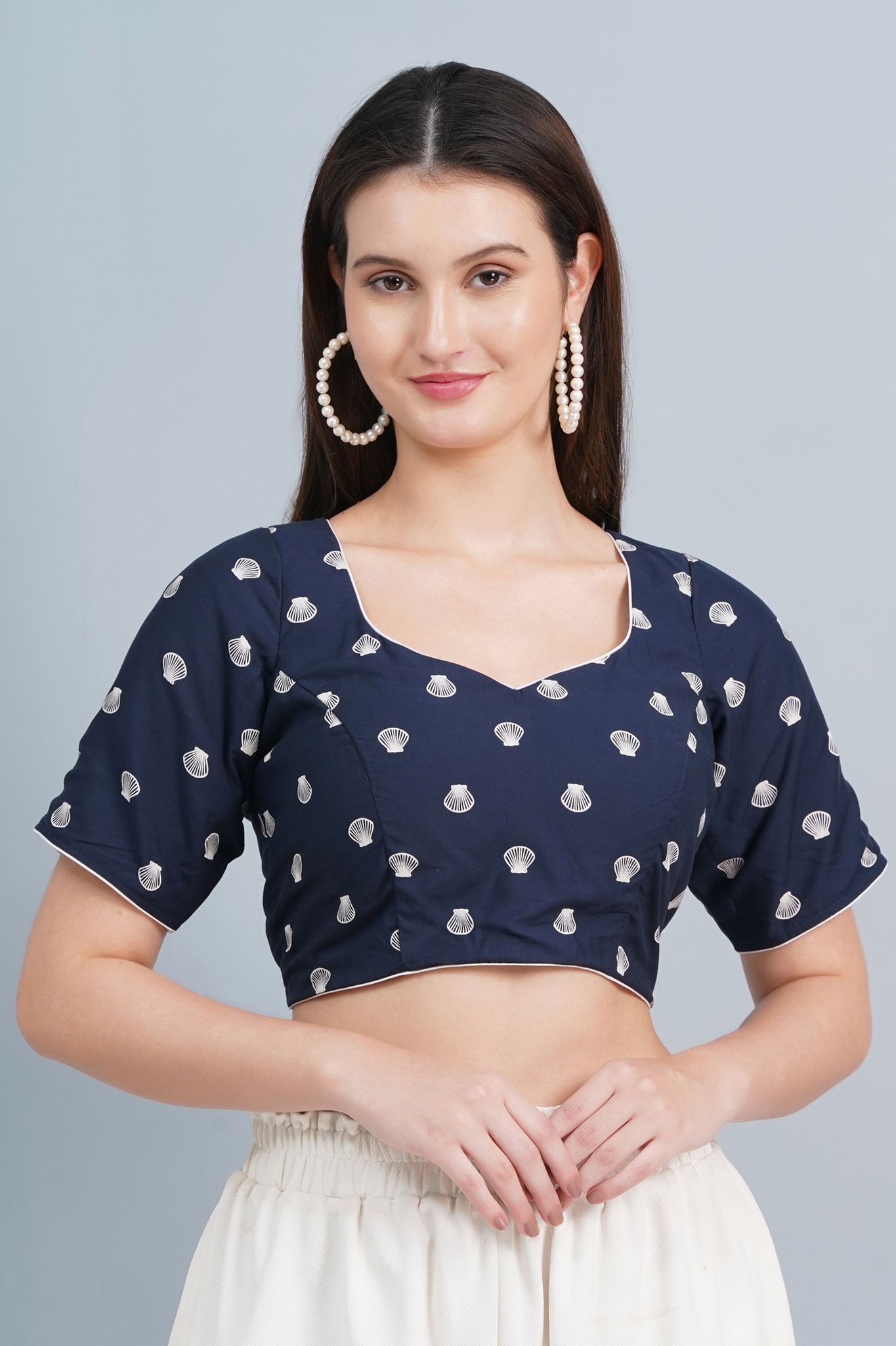 MRS RIGHT NAVY BLUE PRINTED COTTON BLOUSE WITH STYLISH BACK FOR WOMEN AND GIRLS