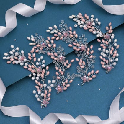 Pink & White Color Assorted Design 4 Pieces Of Hair Brooch (HRPCMB262)-Length: 18.00 CM x Width: 5.50 CM / Pink / Alloy With Good Quality GoldPlated