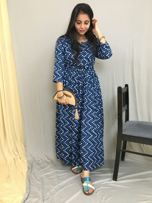 Blue White Polka Dots  - Maternity Kurti with Feeding Zips - Cotton Cambric-44 - 46 ( XXL - 3XL )