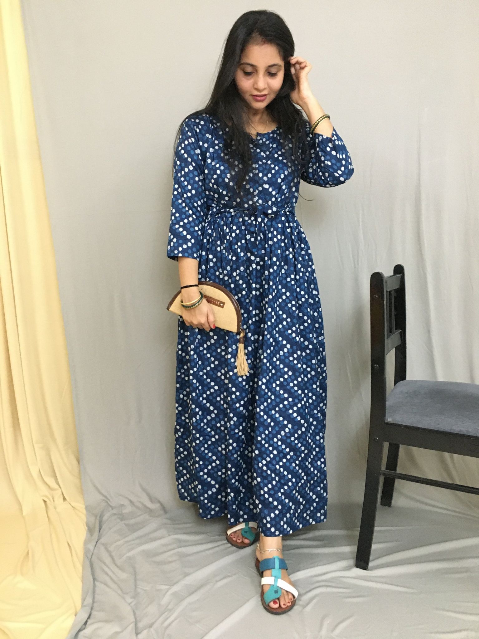 Blue White Polka Dots  - Maternity Kurti with Feeding Zips - Cotton Cambric-44 - 46 ( XXL - 3XL )
