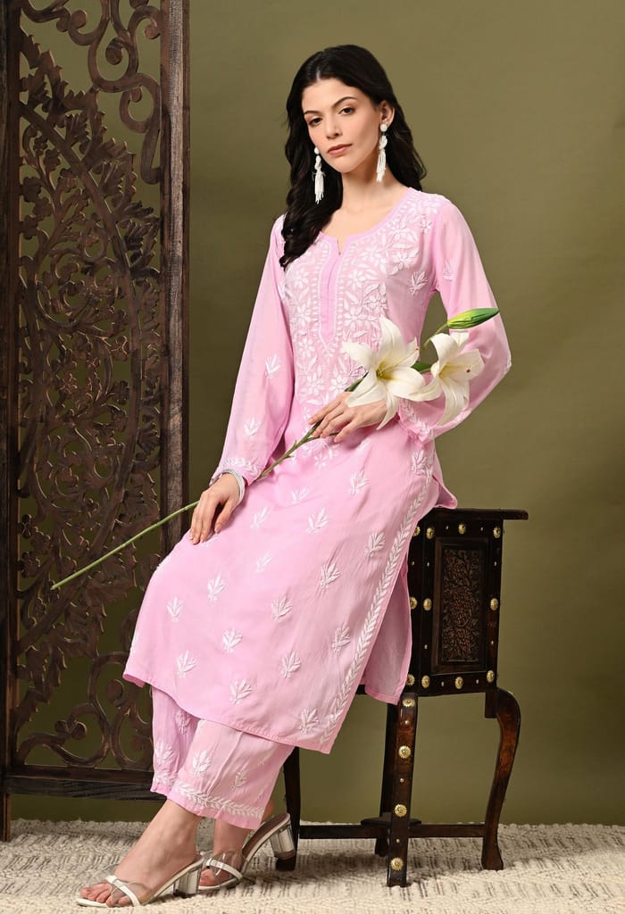 Pure Modal Heavy Bota Pattern hand embroidered Chikankari Kurta Set -Baby Pink