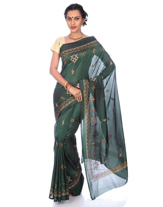 Dark Green Ilkal Saree - Art Silk Saree with Kasuti Embroidery (MK542)
