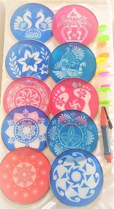 Rangoli: Decorative Item and Stencil kit (Big) 8' inch Stencil 10', Color filler5' Drawing Pen 1