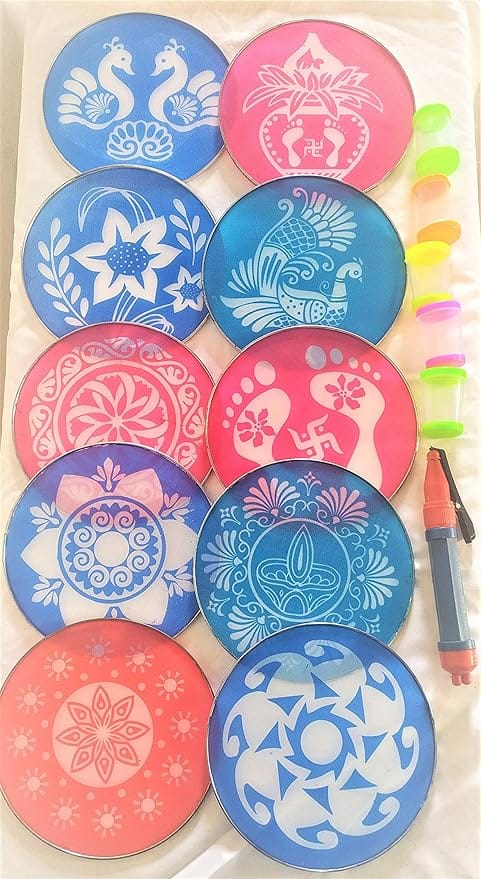 Rangoli: Decorative Item and Stencil kit (Big) 8' inch Stencil 10', Color filler5' Drawing Pen 1