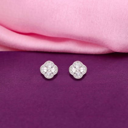 Sterling White Zircon Floral Stud Earrings-White Stone / Silver