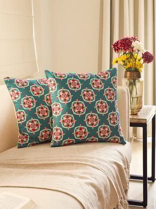 Gulshan - Set Of 2 Cushion Covers (Teal) - Medium-40x40cm / Teal / Cotton Satin