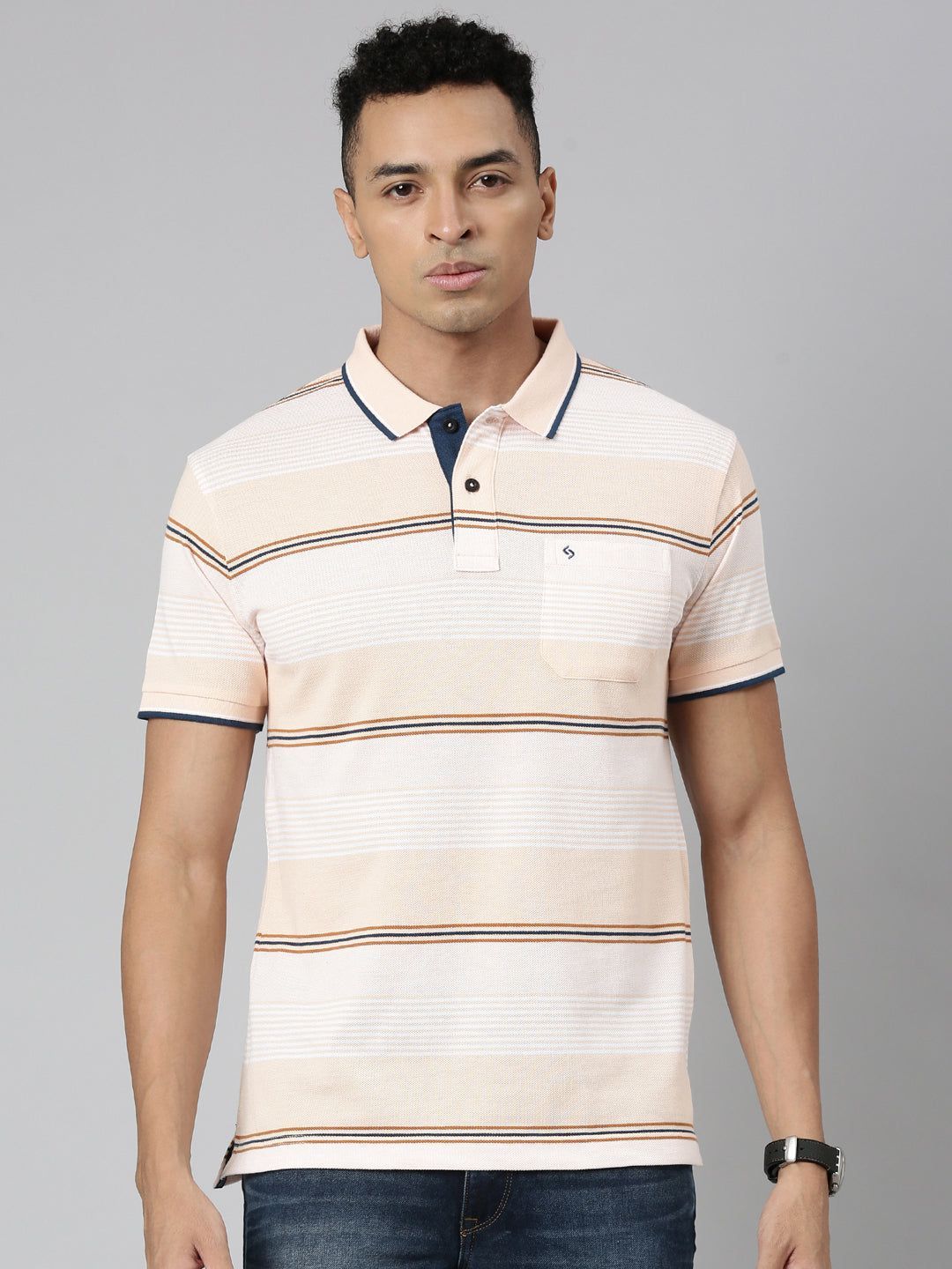 Classic Polo Men's Polo Neck Cotton Lt.Orange Slim Fit Striped T-Shirt | ADORE-223 A SF P