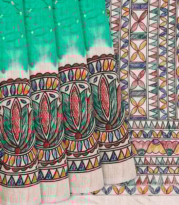 Aquamarine Handwoven Bandhani Silk Saree With Printed Pallu-Aquamarine-Aquamarine