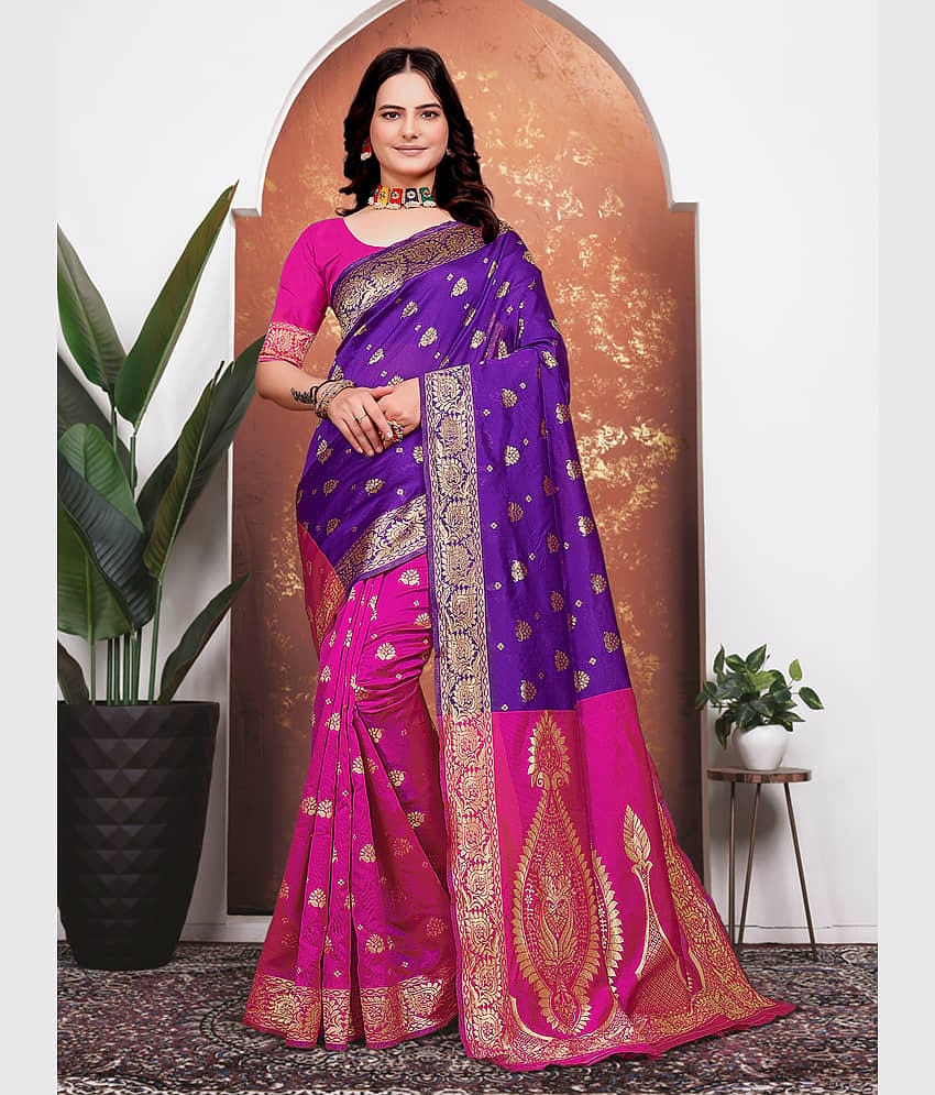 Kanooda Prints Banarasi Silk Woven Saree With Unstitched Blouse Piece ( Pink )