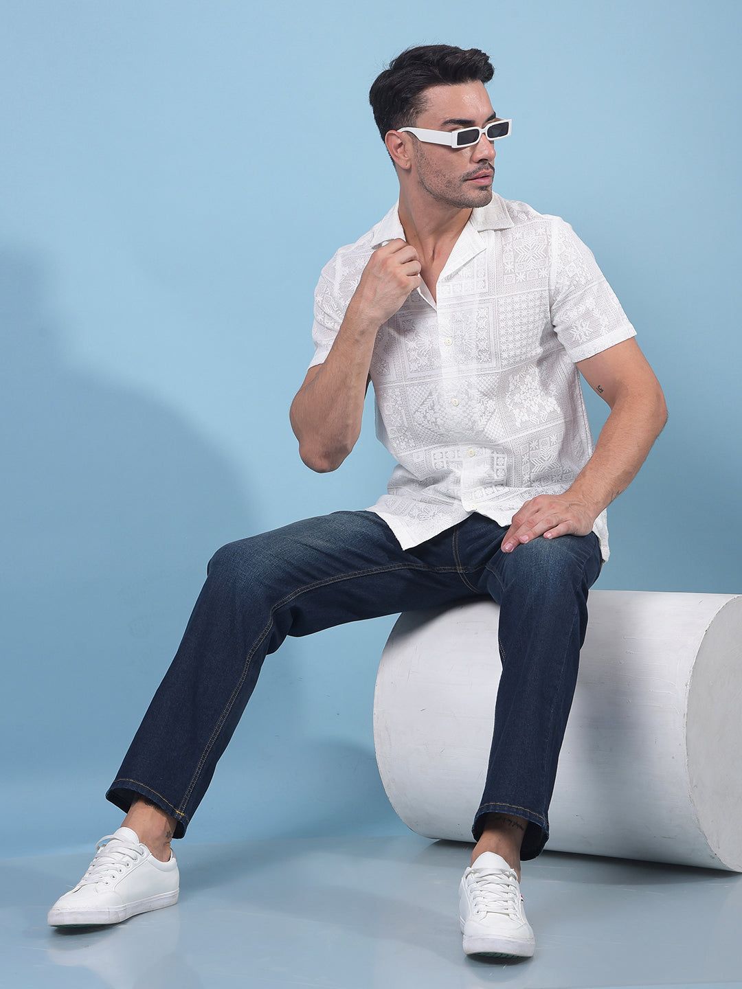 White Jacquard Resort Collar Knitted Shirt-M / White