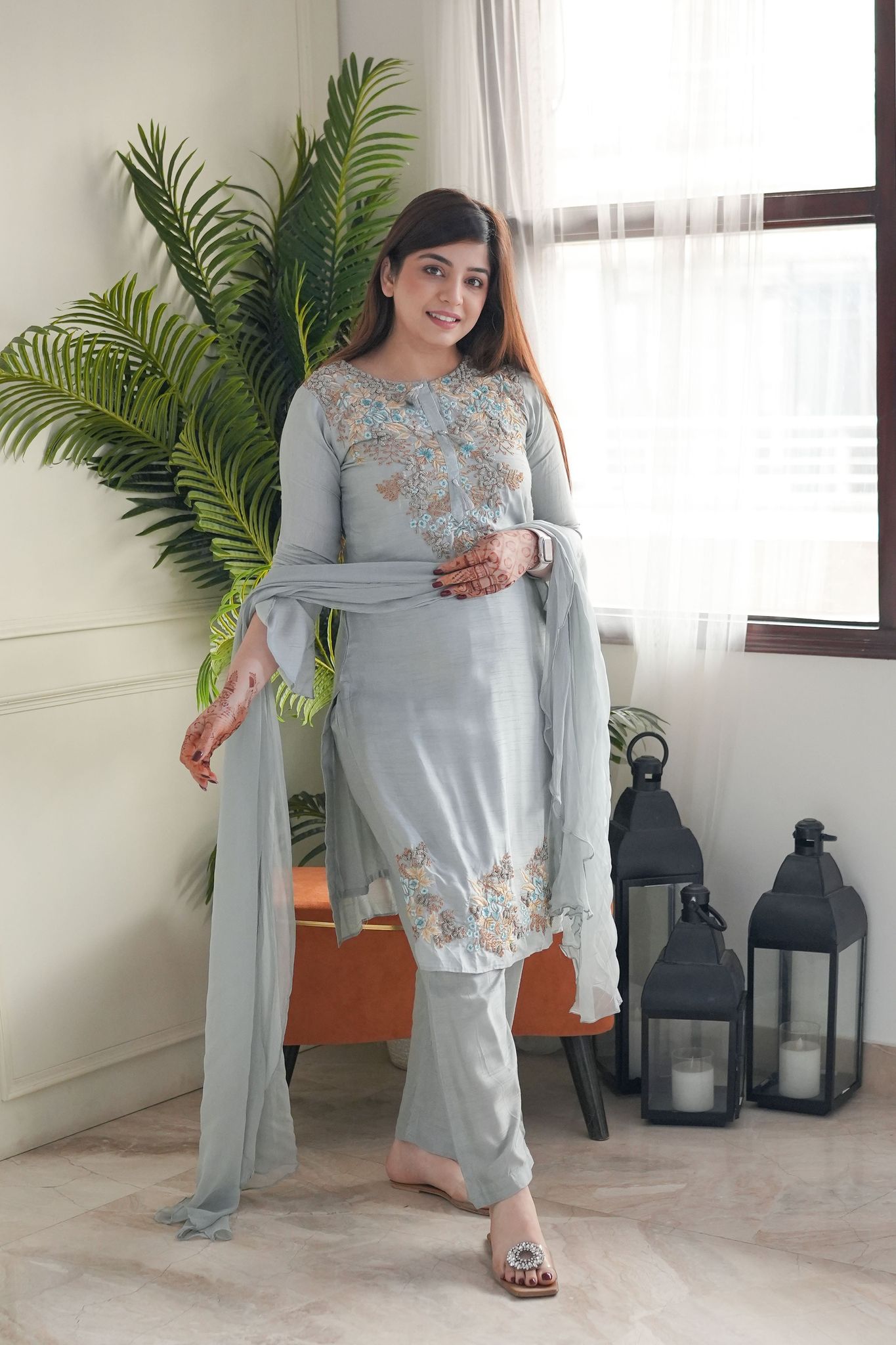 Grey Embroidered Silk Suit-M