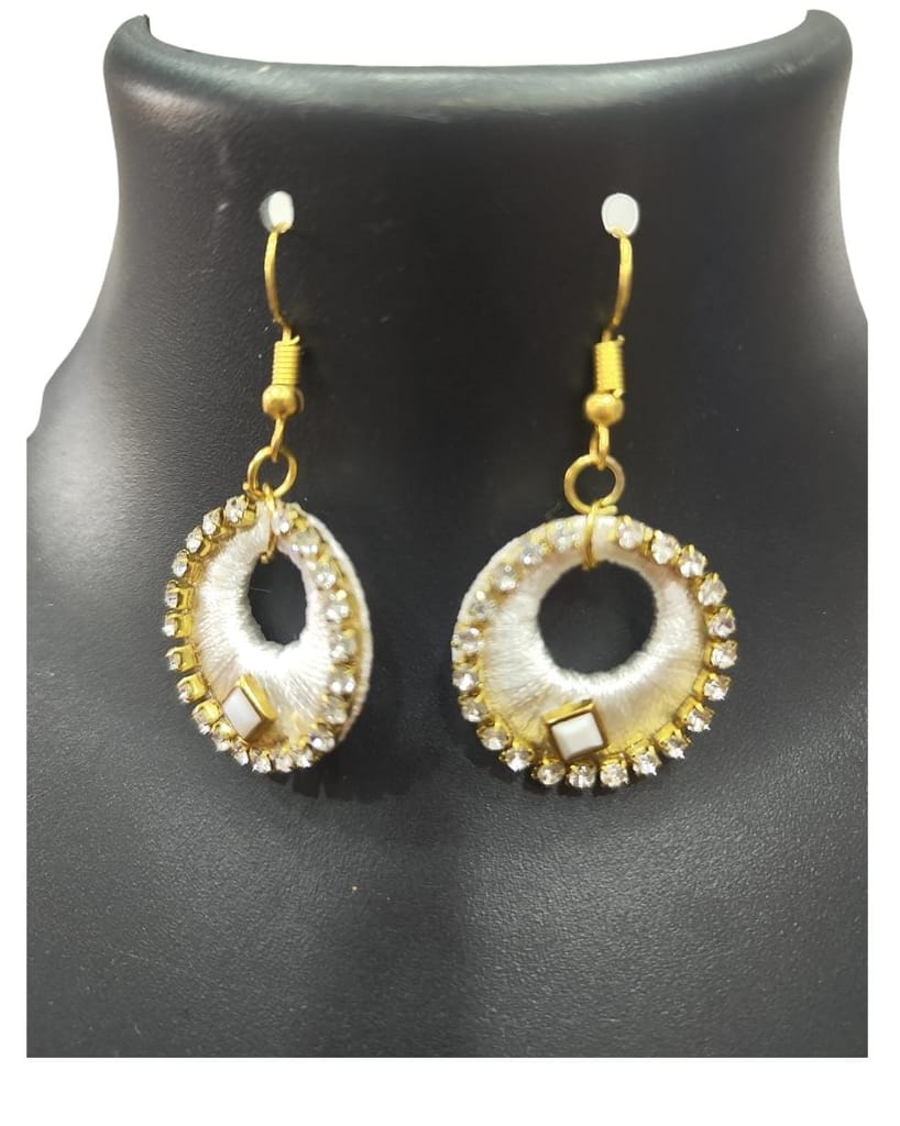 White and Gold Hoop Earrings with Rhinestones