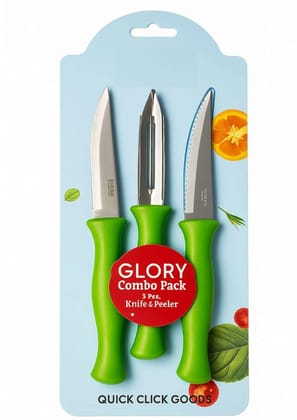 3 Pc stainless steel knife and peeler set with Green handle