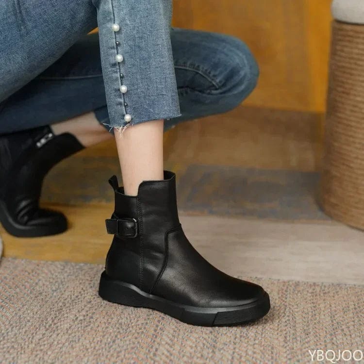 New Retro  Boots for Women Autumn Winter Women's Shoes Leather Casual Flat Ankle Boots Female Platform Short Boots-Black / 5