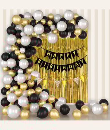 Happy Birthday Banner (Black) + 30 Pc Balloons (Black, White, Gold) + 2 Pc Fringe (Golden) + 1 Pc Bunting Flag ( Golden) + 1 Pc Ribbon for Birthday Decorations