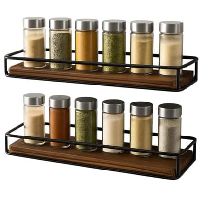 Craft Expertise Wall Mounted Kitchen Spice Rack Organizer – Space Saving Black Iron Rack with Wooden Base –